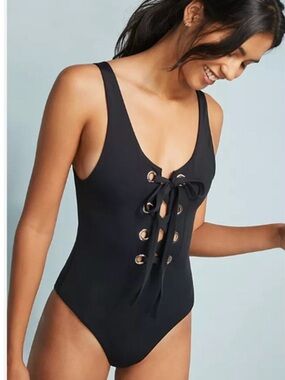 Mara Hoffman Black Lace-Up One-Piece Swimsuit with Gold Eyelets